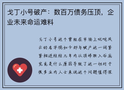 戈丁小号破产：数百万债务压顶，企业未来命运难料